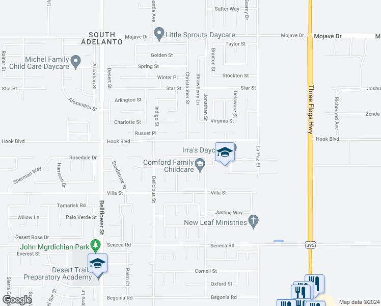 map of restaurants, bars, coffee shops, grocery stores, and more near 11650 Danielle Drive in Adelanto
