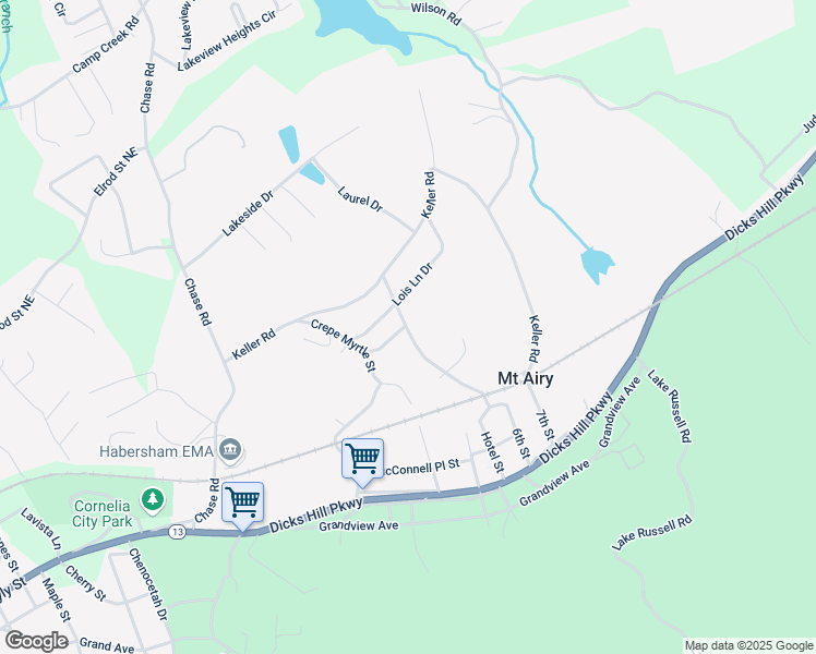map of restaurants, bars, coffee shops, grocery stores, and more near 248 Lois Lane Drive in Mount Airy