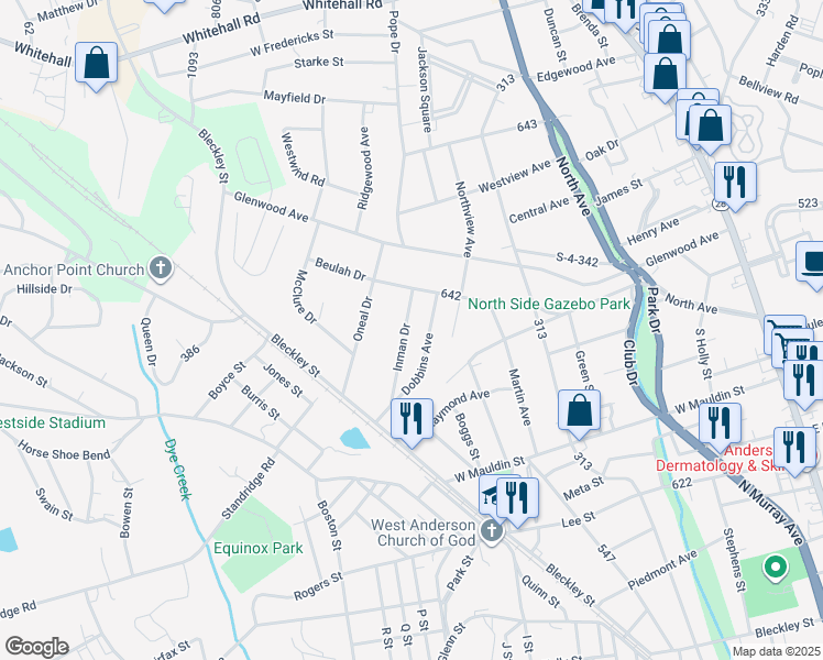 map of restaurants, bars, coffee shops, grocery stores, and more near 1938 Inman Drive in Anderson