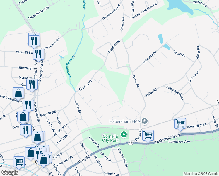 map of restaurants, bars, coffee shops, grocery stores, and more near 185 Sugar Creek Drive in Cornelia