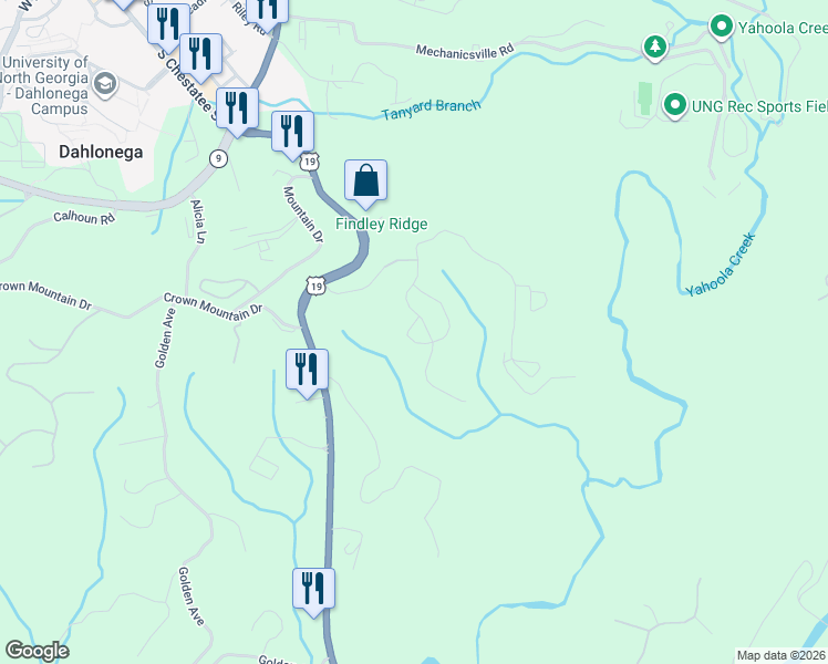 map of restaurants, bars, coffee shops, grocery stores, and more near Aspen Court in Dahlonega