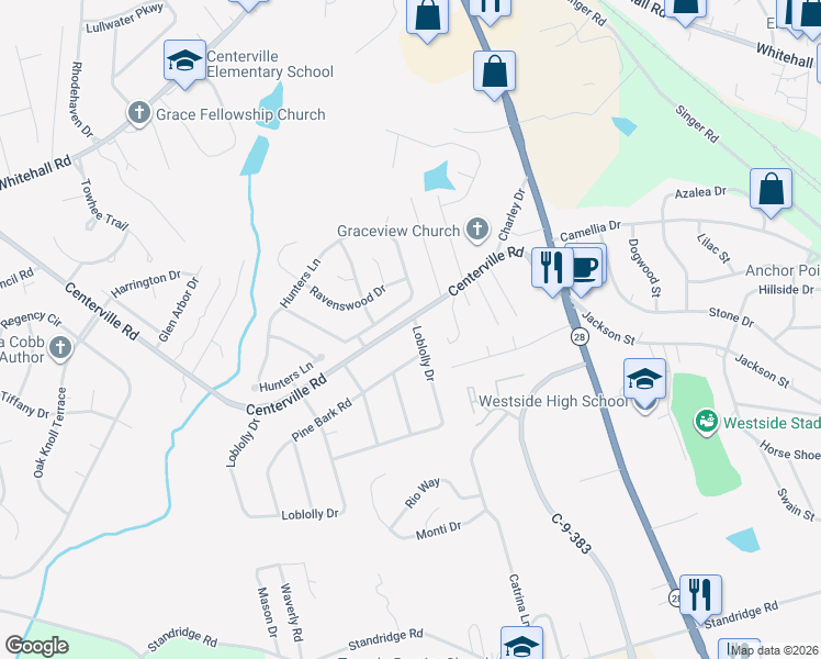 map of restaurants, bars, coffee shops, grocery stores, and more near 127 Centerville Road in Anderson