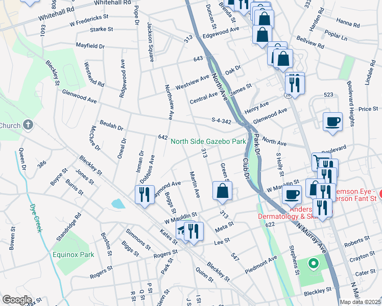 map of restaurants, bars, coffee shops, grocery stores, and more near 608 Blair Street in Anderson