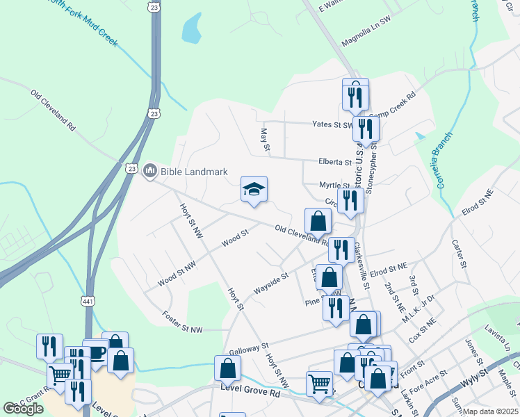 map of restaurants, bars, coffee shops, grocery stores, and more near 375 Old Cleveland Road in Cornelia