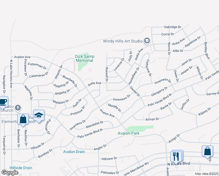 map of restaurants, bars, coffee shops, grocery stores, and more near 2509 Honeybear Drive in Lake Havasu City