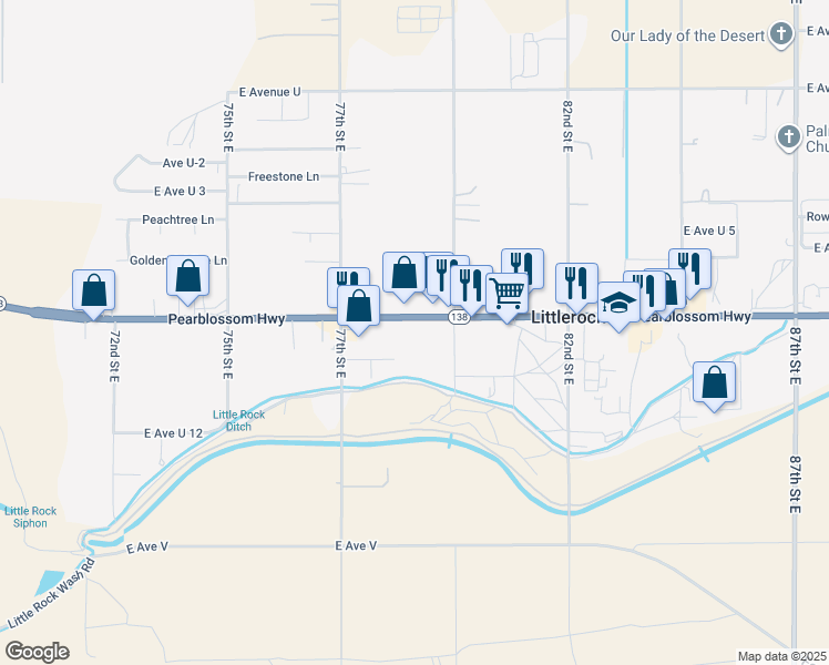 map of restaurants, bars, coffee shops, grocery stores, and more near 7812 Pearblossom Highway in Littlerock