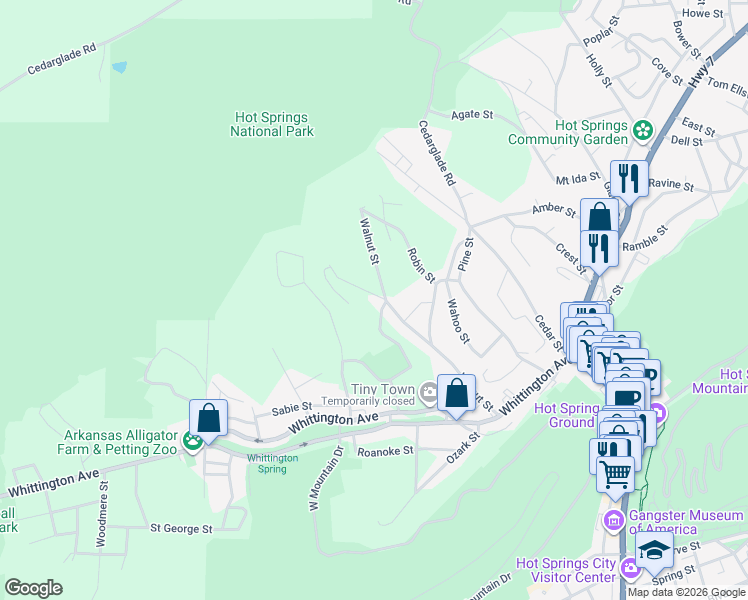 map of restaurants, bars, coffee shops, grocery stores, and more near 401 Walnut Street in Hot Springs