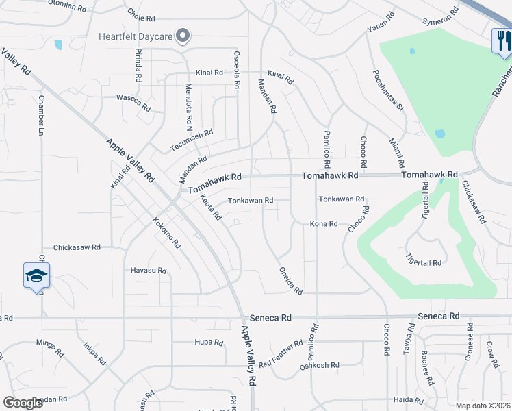 map of restaurants, bars, coffee shops, grocery stores, and more near 19290 Tonkawan Road in Apple Valley