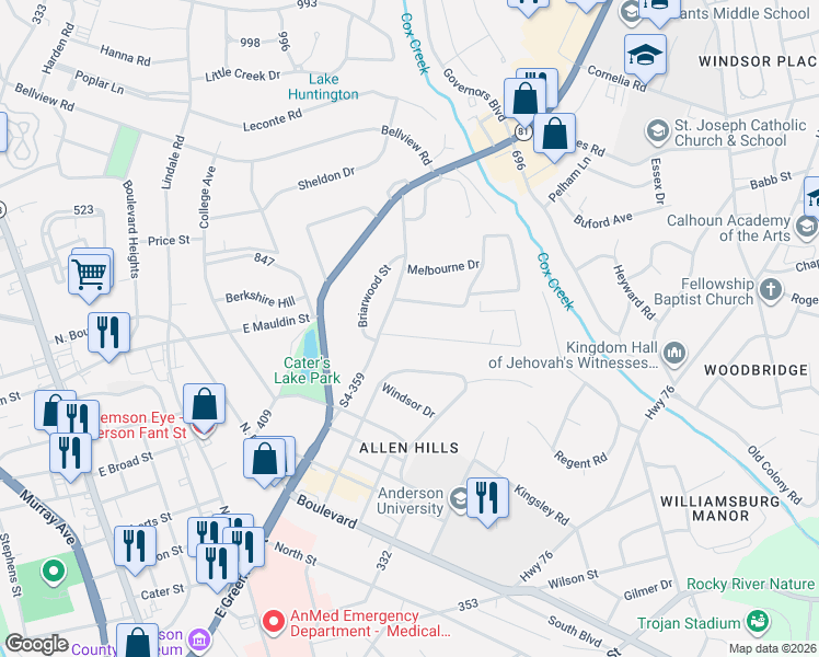 map of restaurants, bars, coffee shops, grocery stores, and more near 1206 Rutledge Way in Anderson
