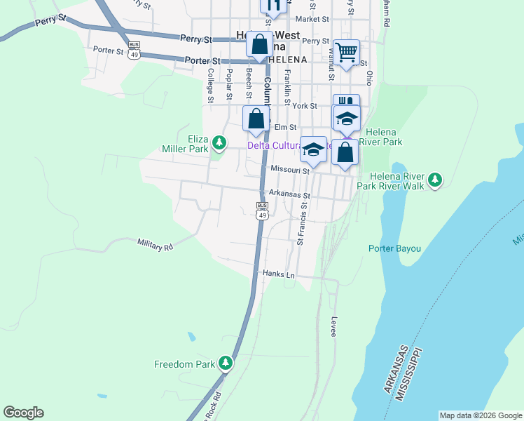 map of restaurants, bars, coffee shops, grocery stores, and more near 317 Biscoe Street in Helena-West Helena