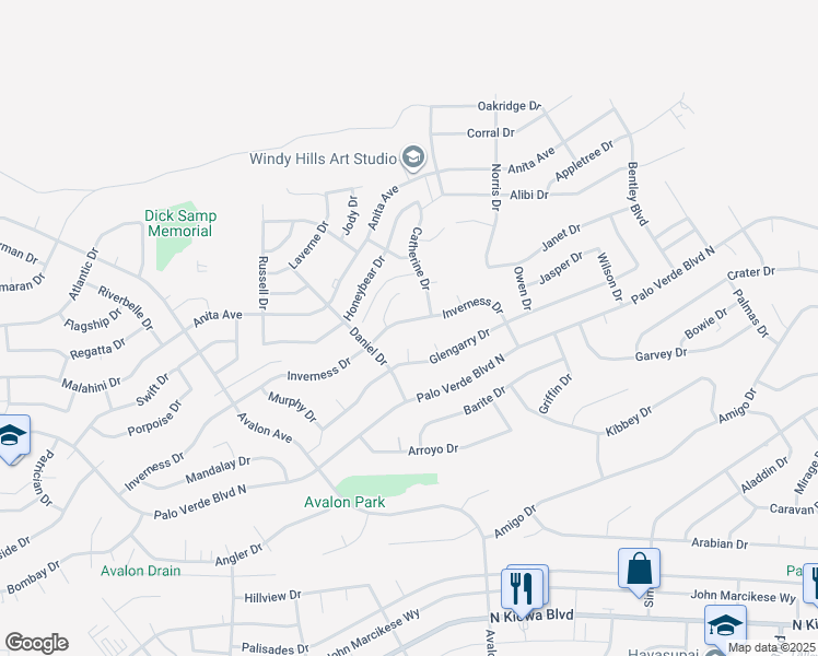 map of restaurants, bars, coffee shops, grocery stores, and more near 1400 Inverness Court in Lake Havasu City