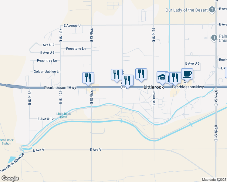 map of restaurants, bars, coffee shops, grocery stores, and more near 7804 Pearblossom Highway in Littlerock