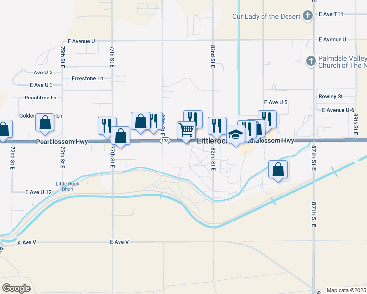 map of restaurants, bars, coffee shops, grocery stores, and more near 8044 Pearblossom Highway in Littlerock