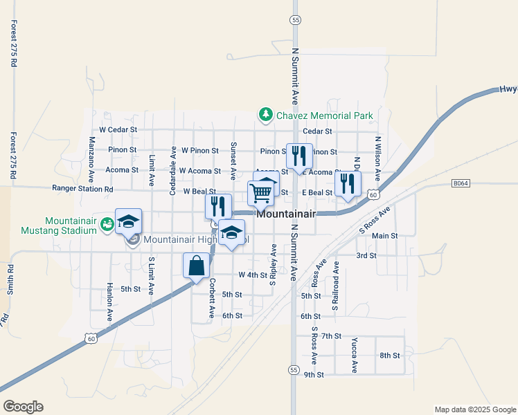 map of restaurants, bars, coffee shops, grocery stores, and more near 221 West Broadway in Mountainair