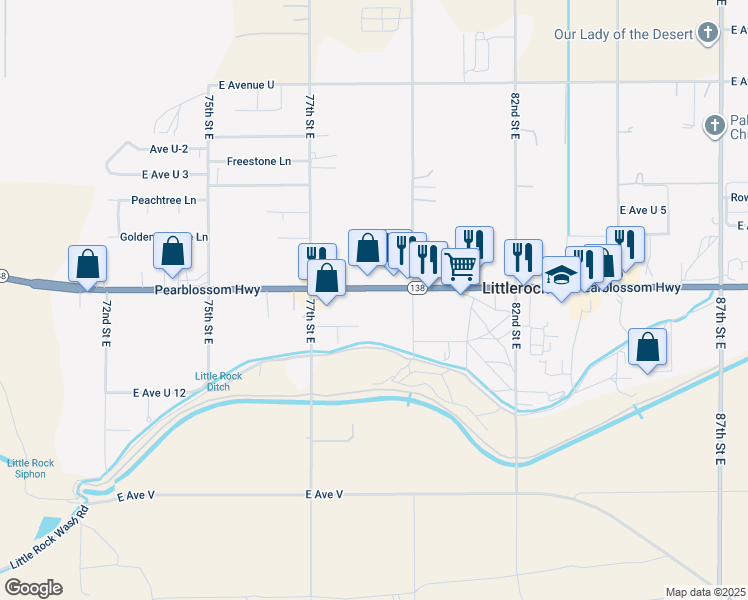 map of restaurants, bars, coffee shops, grocery stores, and more near 7812 Pearblossom Highway in Littlerock