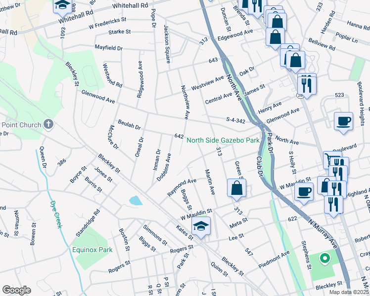 map of restaurants, bars, coffee shops, grocery stores, and more near 1915 Northview Avenue in Anderson