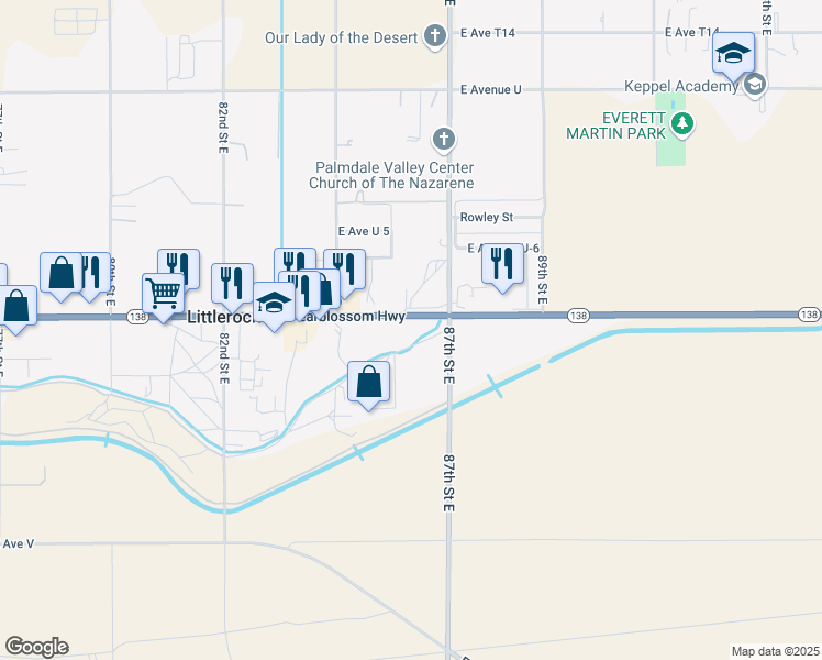 map of restaurants, bars, coffee shops, grocery stores, and more near 8620 Pearblossom Highway in Littlerock
