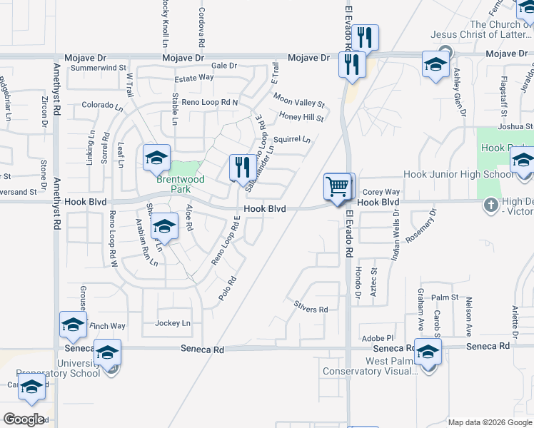 map of restaurants, bars, coffee shops, grocery stores, and more near 14268 Caballo Court in Victorville