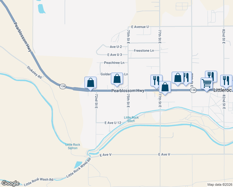 map of restaurants, bars, coffee shops, grocery stores, and more near Pearblossom Highway in Littlerock