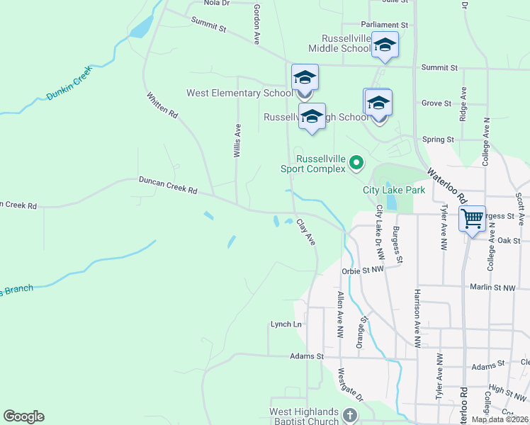 map of restaurants, bars, coffee shops, grocery stores, and more near 2-198 Honey Lane in Russellville