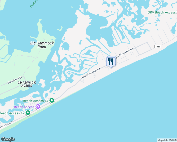 map of restaurants, bars, coffee shops, grocery stores, and more near 1915 New River Inlet Road in North Topsail Beach