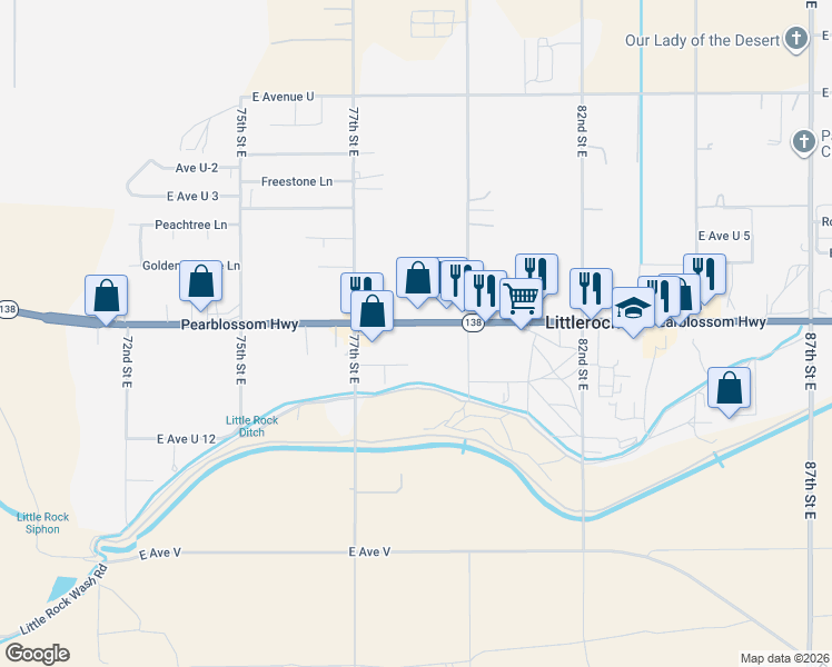 map of restaurants, bars, coffee shops, grocery stores, and more near 7800 Pearblossom Highway in Littlerock