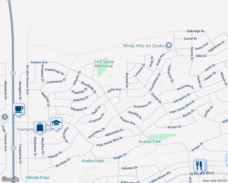 map of restaurants, bars, coffee shops, grocery stores, and more near 2453 Anita Avenue in Lake Havasu City