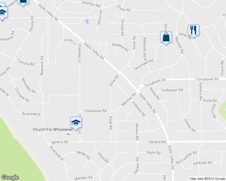 map of restaurants, bars, coffee shops, grocery stores, and more near 14850 Kokomo Road in Apple Valley