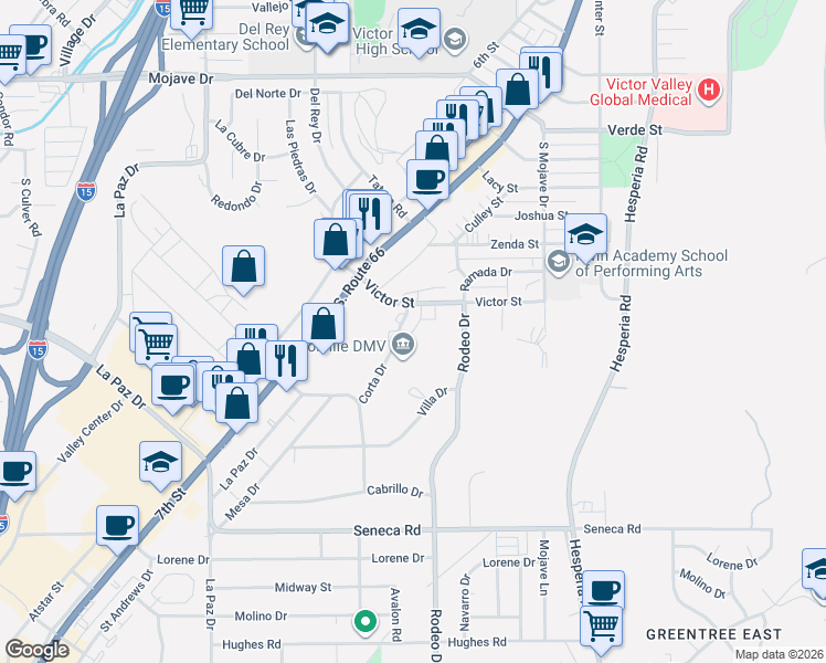 map of restaurants, bars, coffee shops, grocery stores, and more near 427 Victor Court in Victorville
