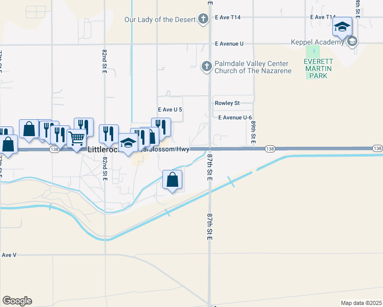 map of restaurants, bars, coffee shops, grocery stores, and more near 8620 Pearblossom Highway in Littlerock