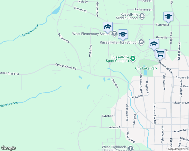 map of restaurants, bars, coffee shops, grocery stores, and more near 2 Honey Lane in Russellville