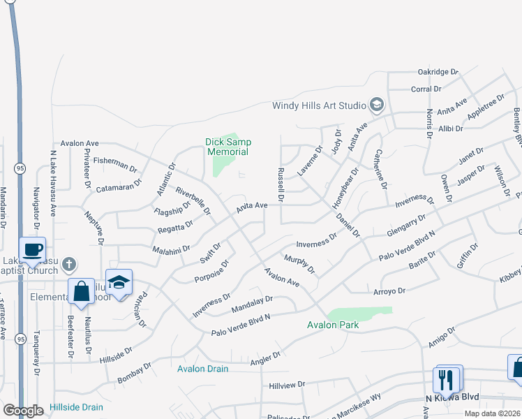 map of restaurants, bars, coffee shops, grocery stores, and more near 2480 Anita Avenue in Lake Havasu City