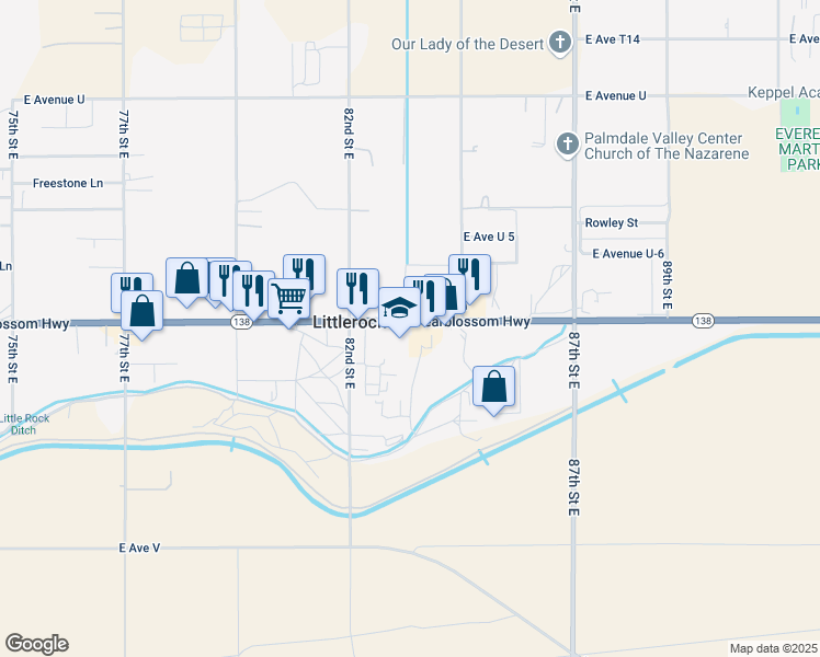 map of restaurants, bars, coffee shops, grocery stores, and more near 8300 Pearblossom Highway in Littlerock