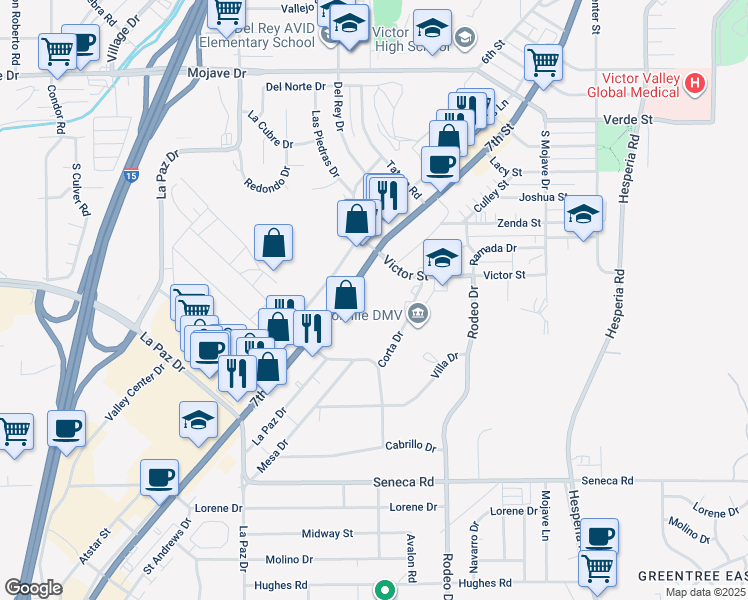 map of restaurants, bars, coffee shops, grocery stores, and more near 14849 7th Street in Victorville
