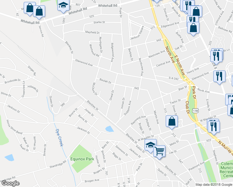 map of restaurants, bars, coffee shops, grocery stores, and more near 207 Oneal Drive in Anderson