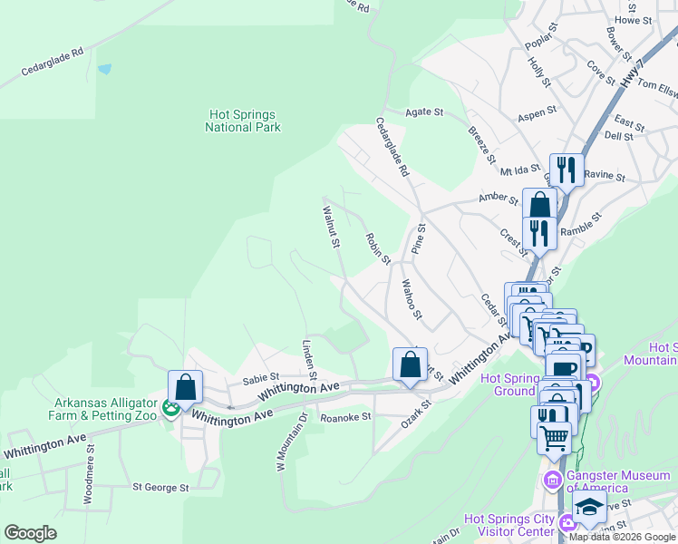map of restaurants, bars, coffee shops, grocery stores, and more near 401 Walnut Street in Hot Springs