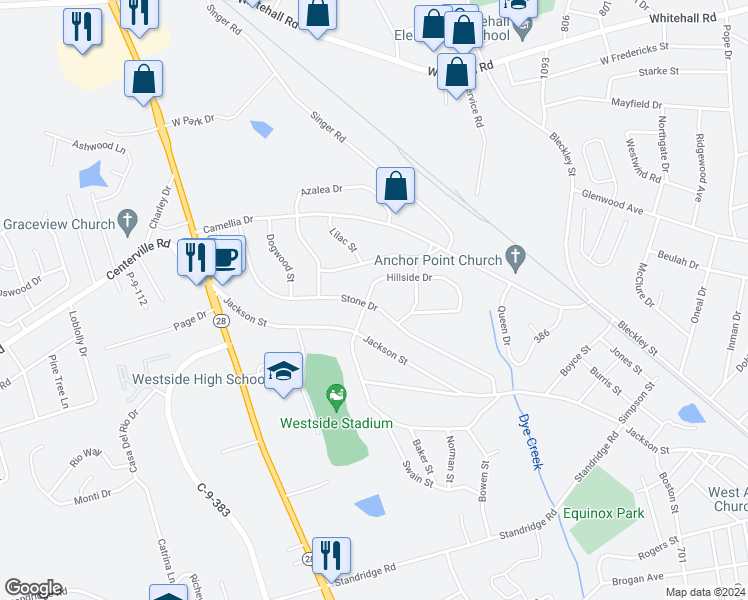 map of restaurants, bars, coffee shops, grocery stores, and more near 300 Hillside Drive in Anderson