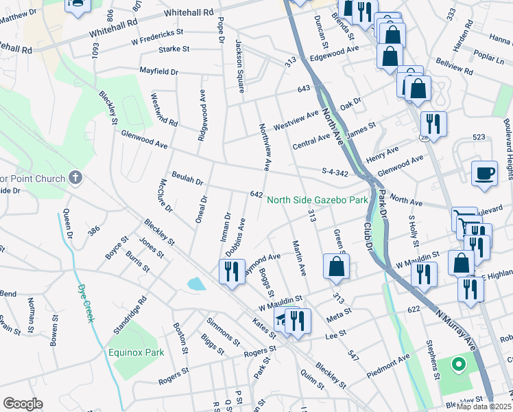 map of restaurants, bars, coffee shops, grocery stores, and more near 1915 Northview Avenue in Anderson