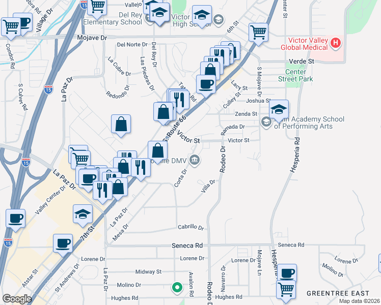 map of restaurants, bars, coffee shops, grocery stores, and more near Corta Drive in Victorville