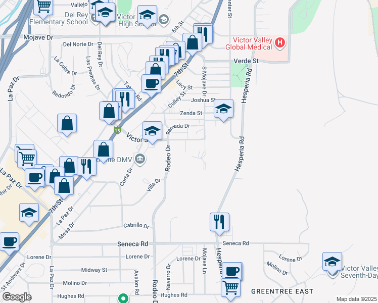 map of restaurants, bars, coffee shops, grocery stores, and more near 14854 Rama Drive in Victorville