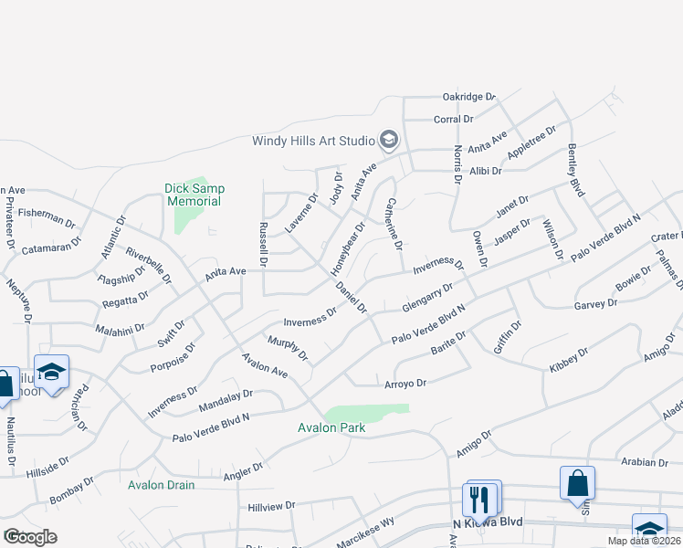 map of restaurants, bars, coffee shops, grocery stores, and more near 2606 Honeybear Drive in Lake Havasu City