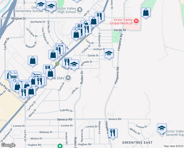 map of restaurants, bars, coffee shops, grocery stores, and more near 14854 Rama Drive in Victorville