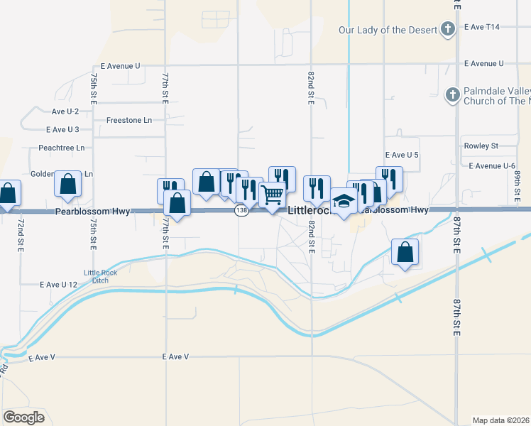 map of restaurants, bars, coffee shops, grocery stores, and more near 8044 Pearblossom Highway in Littlerock