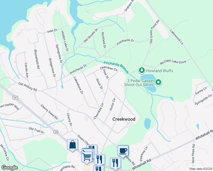 map of restaurants, bars, coffee shops, grocery stores, and more near 1203 Cherokee Circle in Anderson