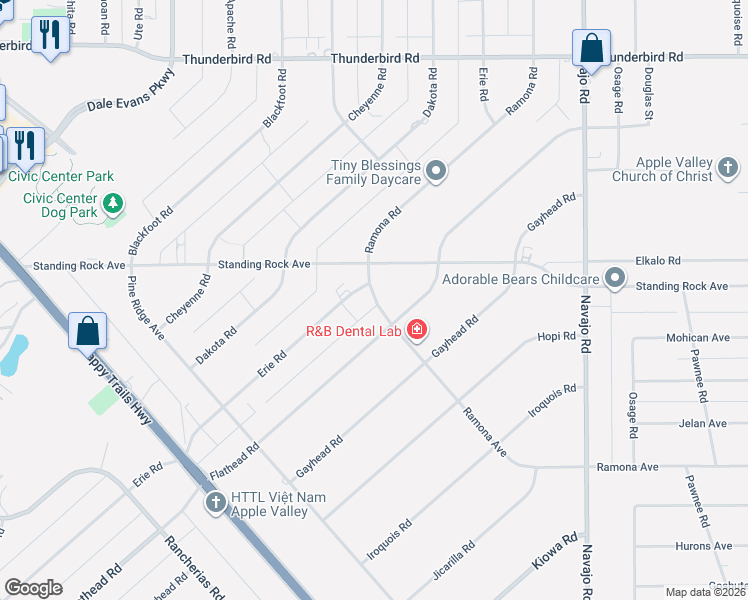 map of restaurants, bars, coffee shops, grocery stores, and more near 21291 Ramona Road in Apple Valley