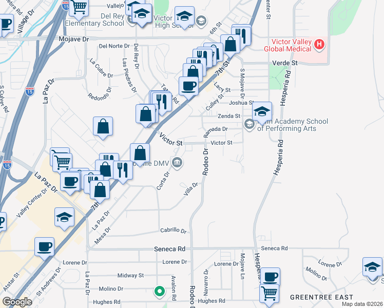 map of restaurants, bars, coffee shops, grocery stores, and more near 427 Victor Court in Victorville