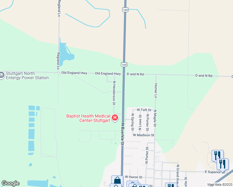 map of restaurants, bars, coffee shops, grocery stores, and more near 1838 North Henderson Street in Stuttgart