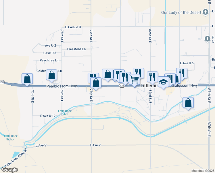 map of restaurants, bars, coffee shops, grocery stores, and more near 7804 Pearblossom Highway in Littlerock