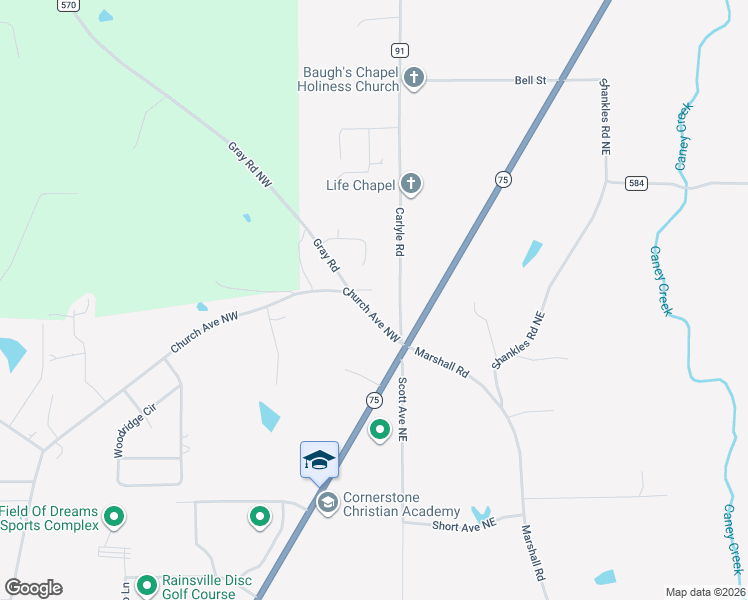 map of restaurants, bars, coffee shops, grocery stores, and more near 2427 Church Avenue Northwest in Rainsville