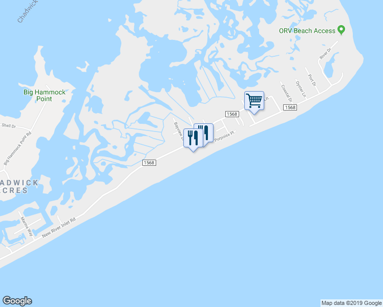 map of restaurants, bars, coffee shops, grocery stores, and more near 2000 New River Inlet Road in Sneads Ferry